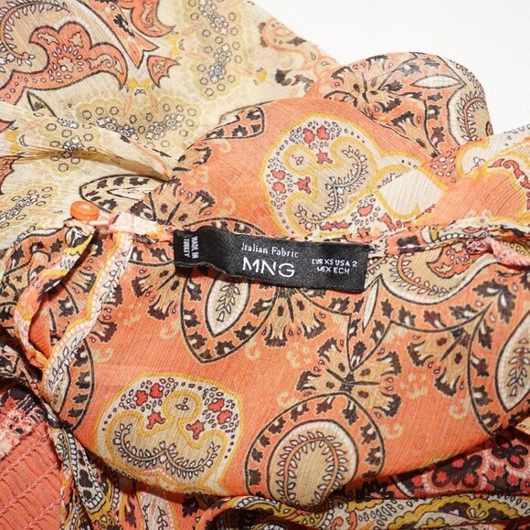 MNG Mango Sheer Gauze Paisley Side Cut-out Print Ruffled Dress 2 Festival Boho - Picture 11 of 13